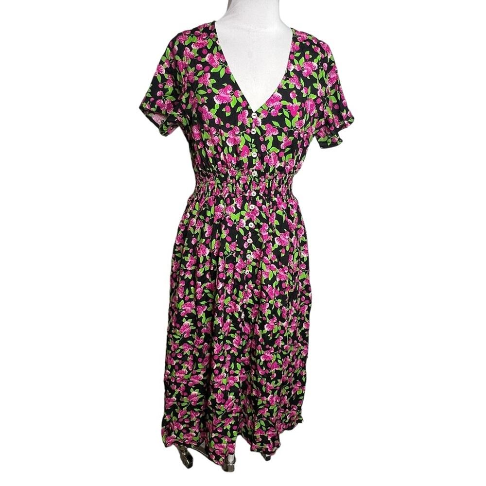 NWT Modcloth Midi Dress smocked waist raspberry print Sz S